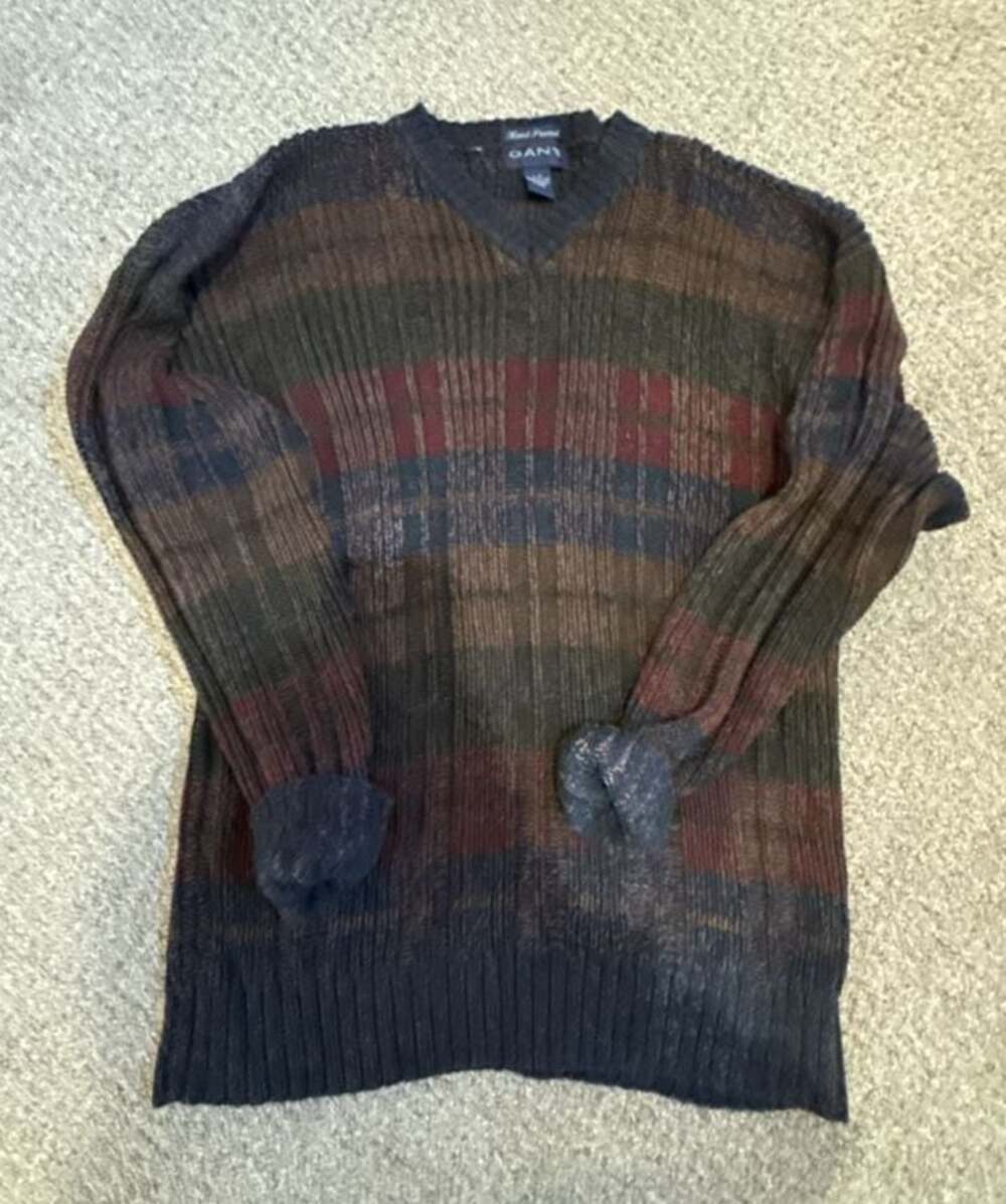 Gant Hand Framed V-Neck Striped Cotton Sweater Size Large